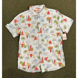 Pokémon Island Button Up Shirt Boys Large Hawaiian Aloha Tiki All Over Print
